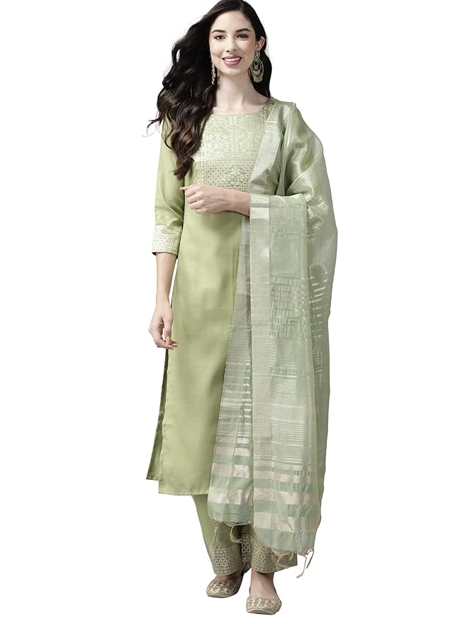 INDO ERA Women's Cotton Straight Kurta Pant with Dupatta Set